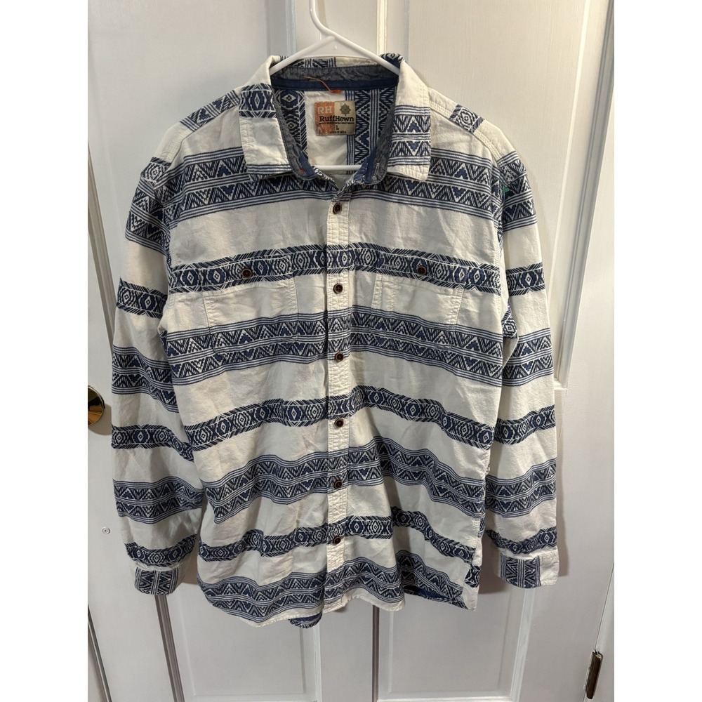 Ruff Hewn Vtg Men's Long Sleeve Button Shirt w/Striped Embroidery Detail Large